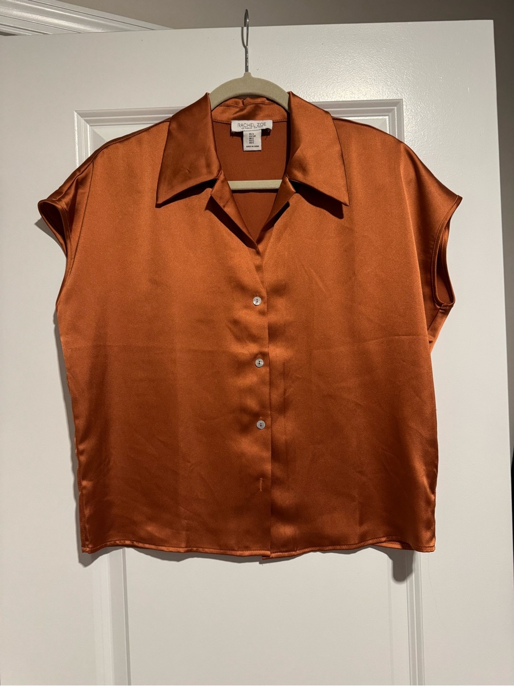 Rachel Zoe Copper Satin Button-Front Cap Sleeve Shirt